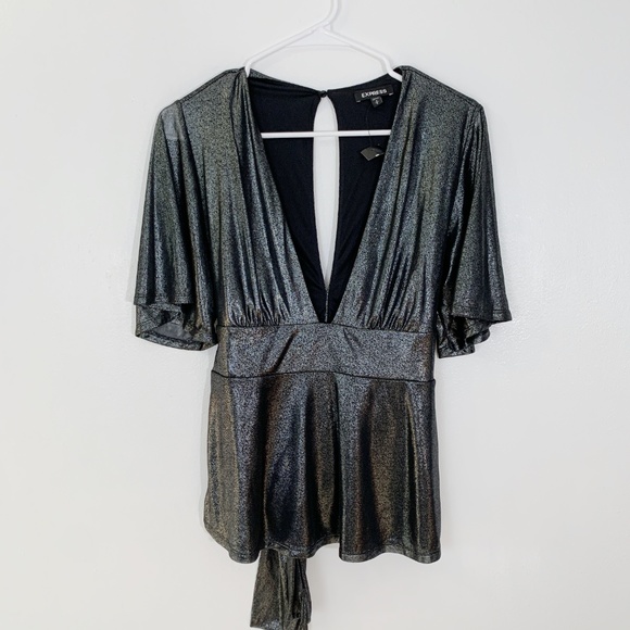 Express Tops - Express Metallic deep Vneck short sleeve blouse
